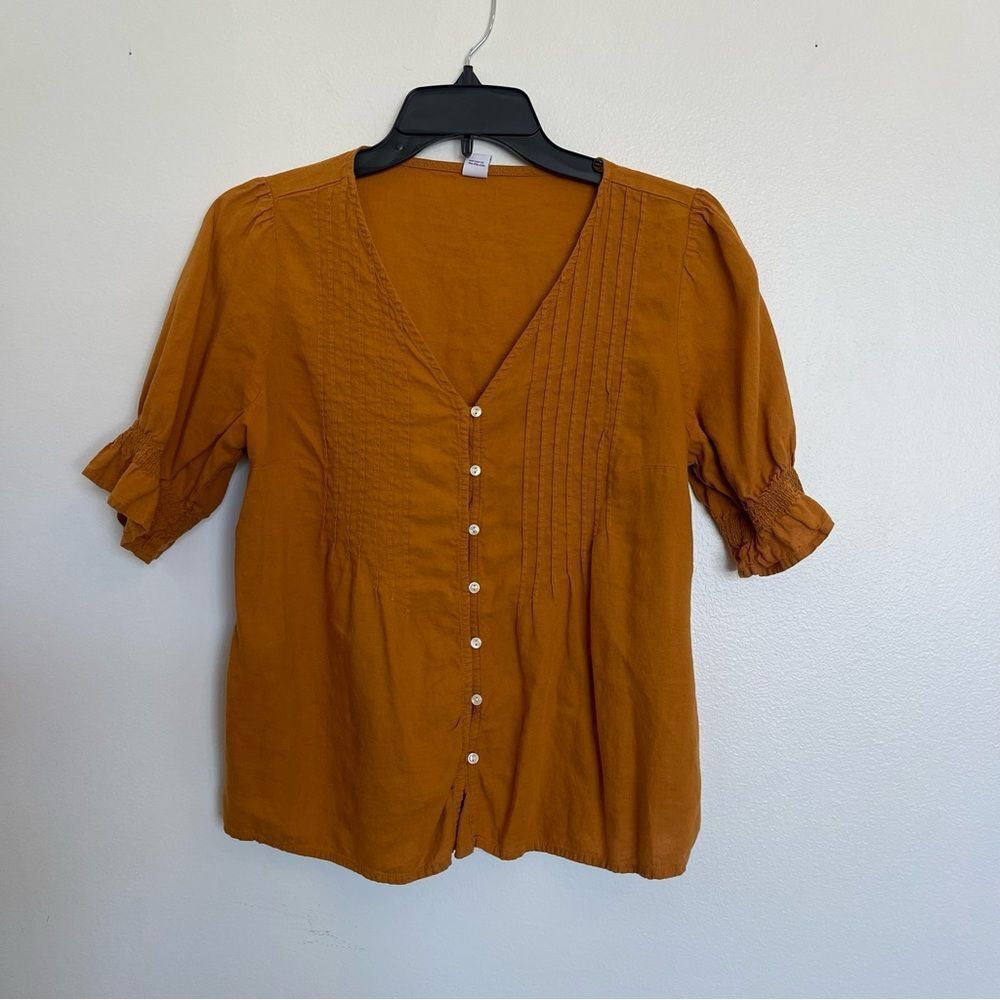 Old Navy Pintucked V-Neck Button-Front Linen-Blend Blouse for Women